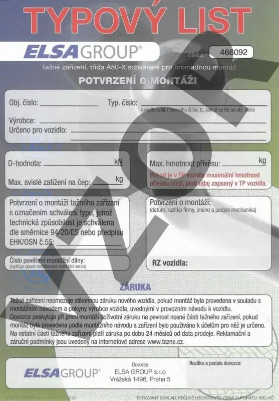 TYPOVÝ LIST K TAŽNÉMU ZAŘÍZENÍ